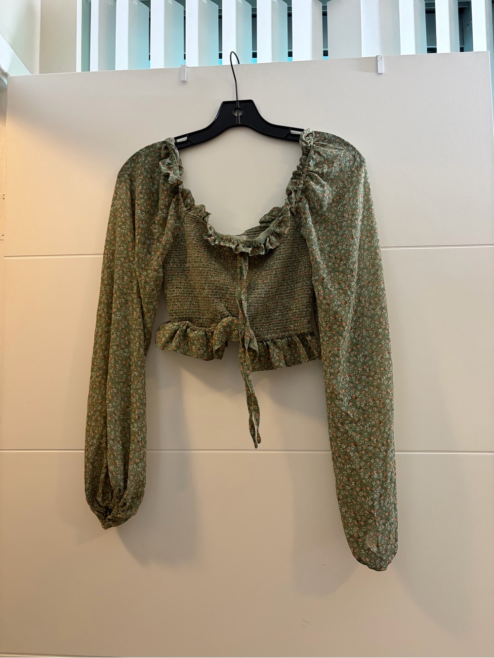 Altar'd State Olive Floral Smocked Ruffle Tie-Front Crop Top